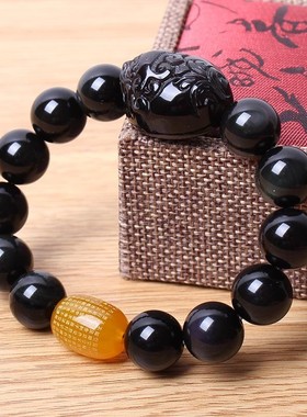 天然黑曜石金曜石貔貅手链男心经手串玉石皮丘佛珠手饰礼物女潮