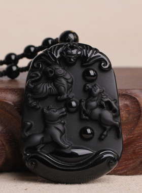 属虎马狗瑞虎近贵黑曜石寅午戌三合火局吊坠项链