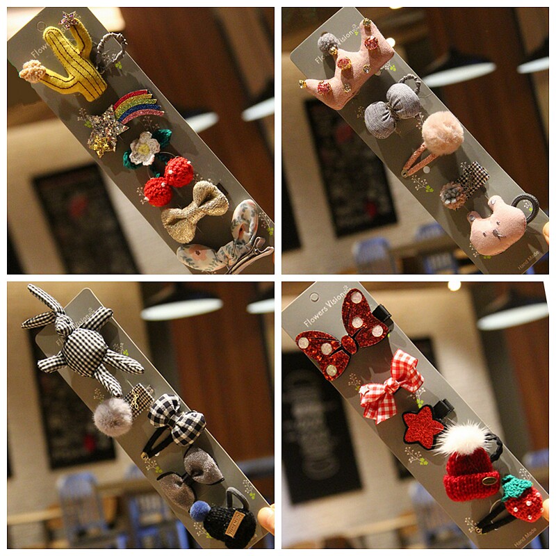 韩国版女儿童米奇妮兔子红黑格子皇冠毛球宝宝发夹皮筋BB夹套发圈