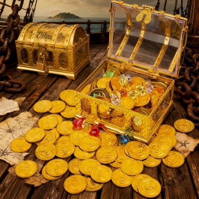 好玩的玩具仿真七彩水晶宝石金币儿童海盗寻宝藏盒箱亲子互动玩具