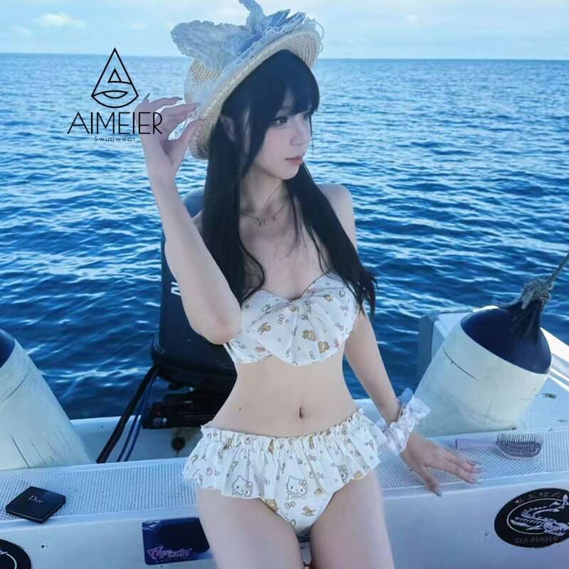 蝴蝶结比基尼抹胸带胸垫分体泳衣女士泳衣可爱女生泳衣少女甜美