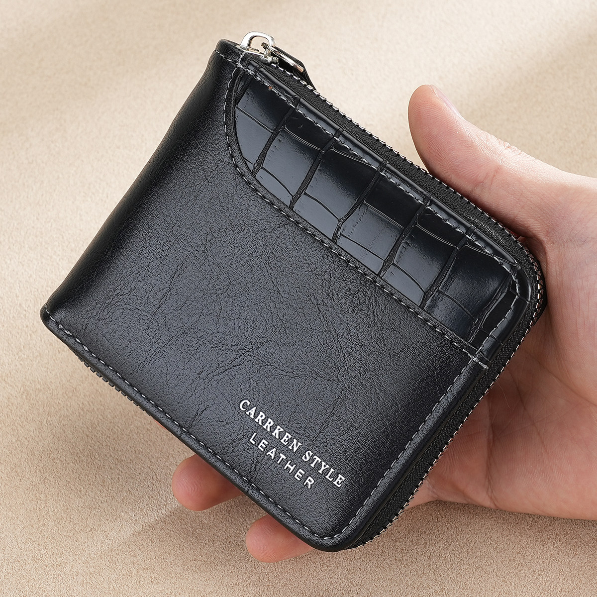 Carrken男士休闲复古拉链短款钱包 学生多功能拼接石头纹pu零钱包,箱包皮具/热销女包/男包,钱包,淘宝优惠券,粉丝福利购,淘宝优惠卷
