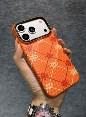 高质感适用于苹果17pro内置磁吸三包边水转印马上结鸿运印花PC硬壳iPhone16/15/14pro橙式手机壳情侣款防摔