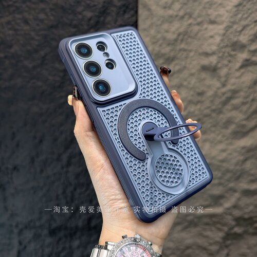 自带镜头膜适用于三星s26ultra双拼色网孔散热360度旋转支架PC硬壳S24PLUS保护壳S23FE时尚个性防刮耐磨潮流