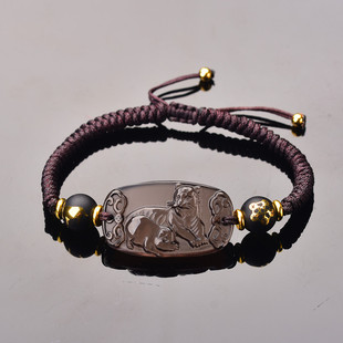 易明光居2026年属虎属猪寅亥六合黑曜石白水晶手链串虎形猪形饰品