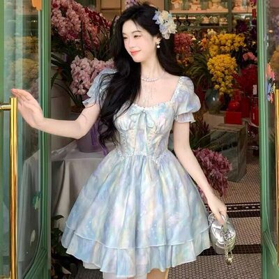 Blovelan蓝影幻梦法式气质温柔风印花高级水波蓝蓬蓬公主连衣裙夏