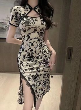 辣妹性感中式旗袍裙蕾丝包臀裙