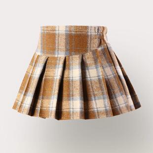 女童卡其色格子毛呢半身裙学生学院风冬春加厚复古半身裙高腰短裙