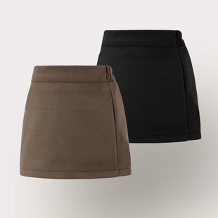 女童冬春毛呢半身裙2026儿童纯色松紧高腰包臀裙黑色显瘦A字短裙