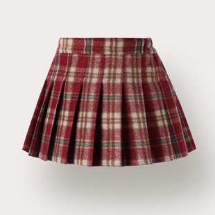 女童圣诞格子半身裙2025冬季 儿童洋气毛呢百褶裙女孩学院加厚短裙