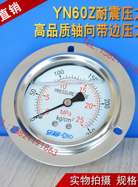 YN60ZT轴向带边耐震压力表液压油压表0-1.6/2.5/6/10/16/25/40MPA