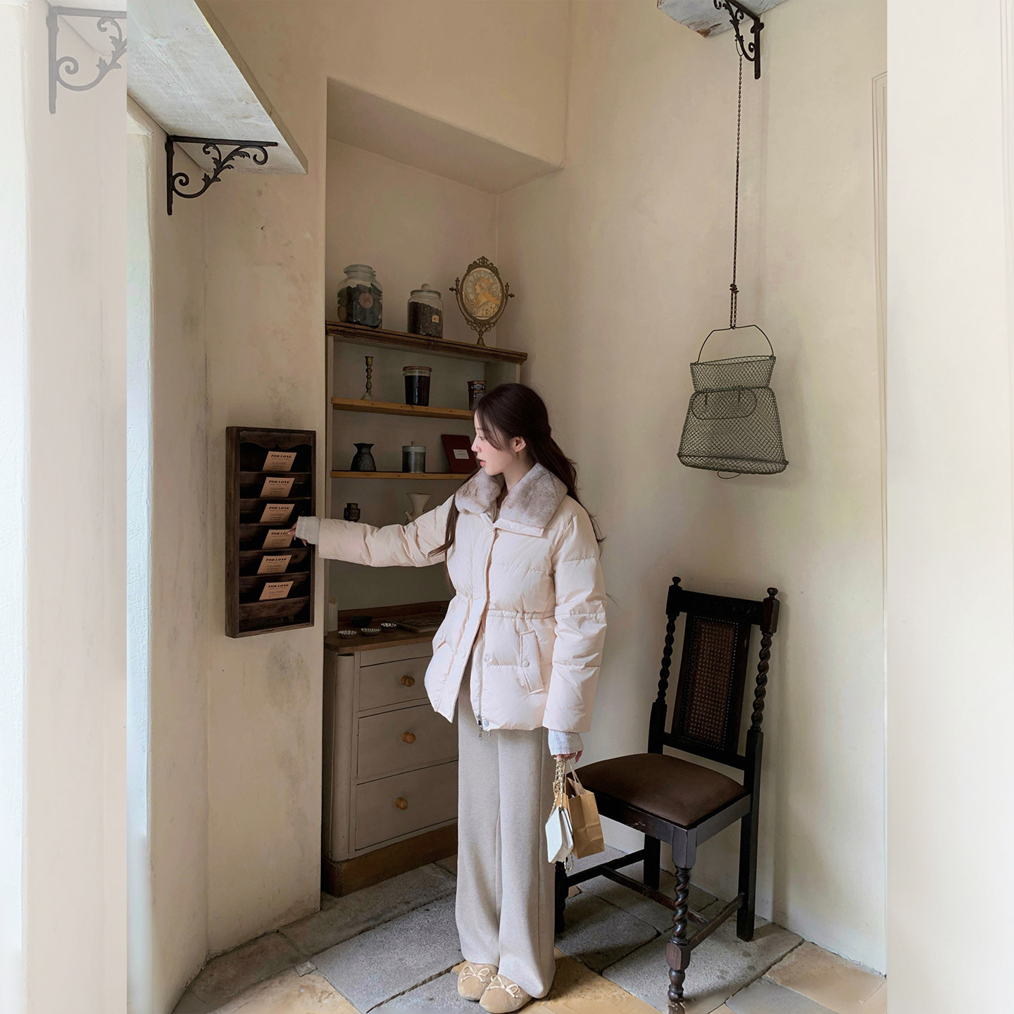 萌萌Ja 小暖炉 兔毛领保暖羽绒服冬季时髦收腰中长款加厚显瘦外套