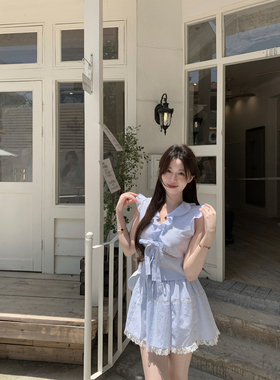 萌萌Ja 罗曼尼初迹~少女感减龄套装蓝色木耳边衬衣条纹半身裙短裙