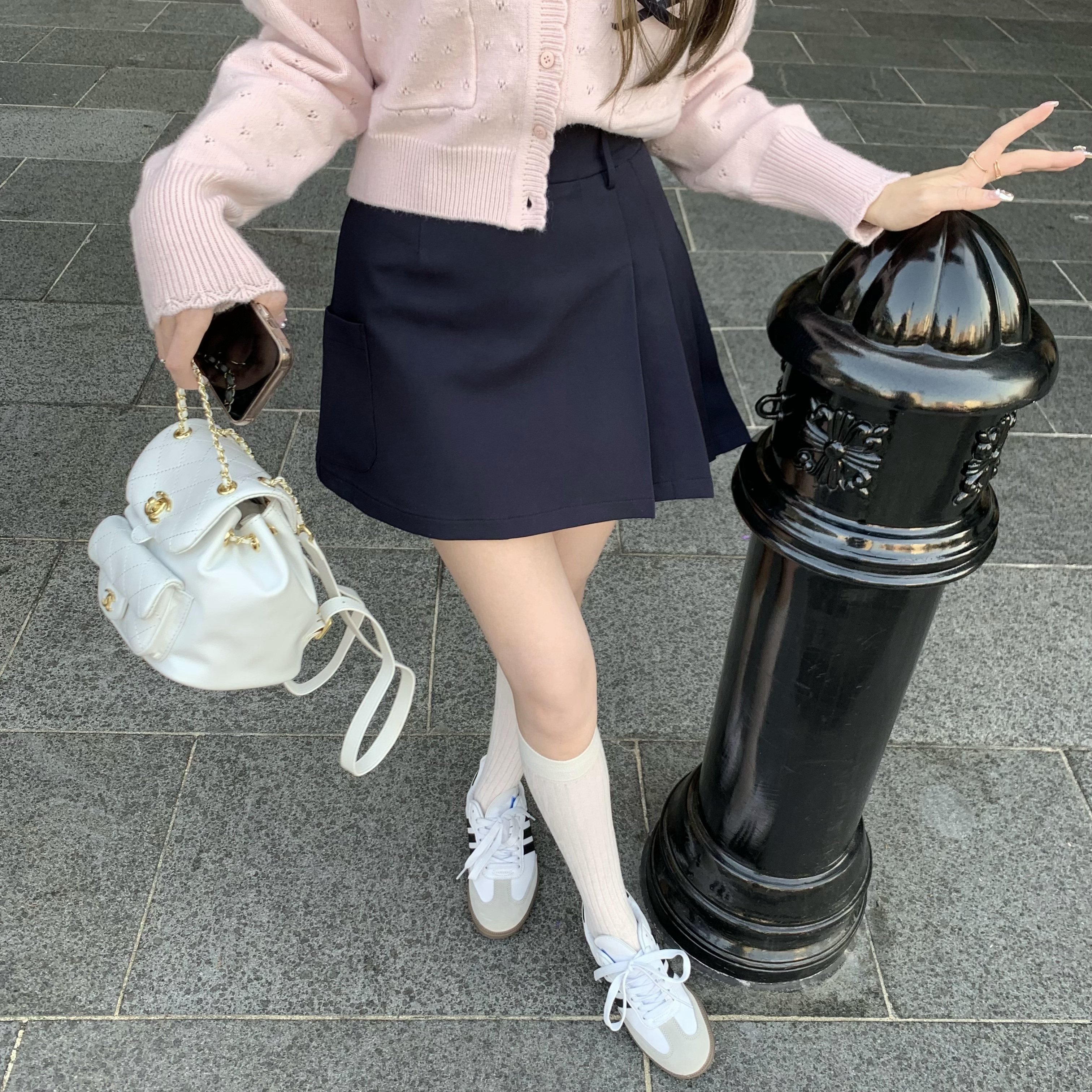 萌萌Ja」韩国春2024新款小个子2色高腰a字口袋百褶短裙送蝴蝶结女