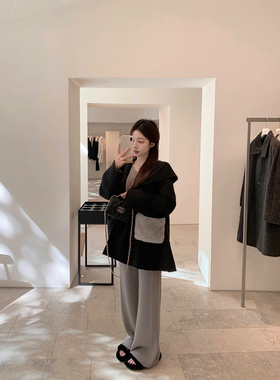 萌萌Ja 初遇曼哈顿~高级感黑色羊双面呢大衣真兔毛口袋连帽外套女