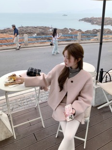 萌萌Ja」软心千金 羊毛双面呢气质两件套 韩系樱花粉外套短裙套装