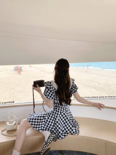 萌萌Ja」春夏藏蓝格纹裙