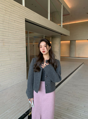 MMENGJA」南洋小姐 编织感灰色小香风外套新款高级感上衣女