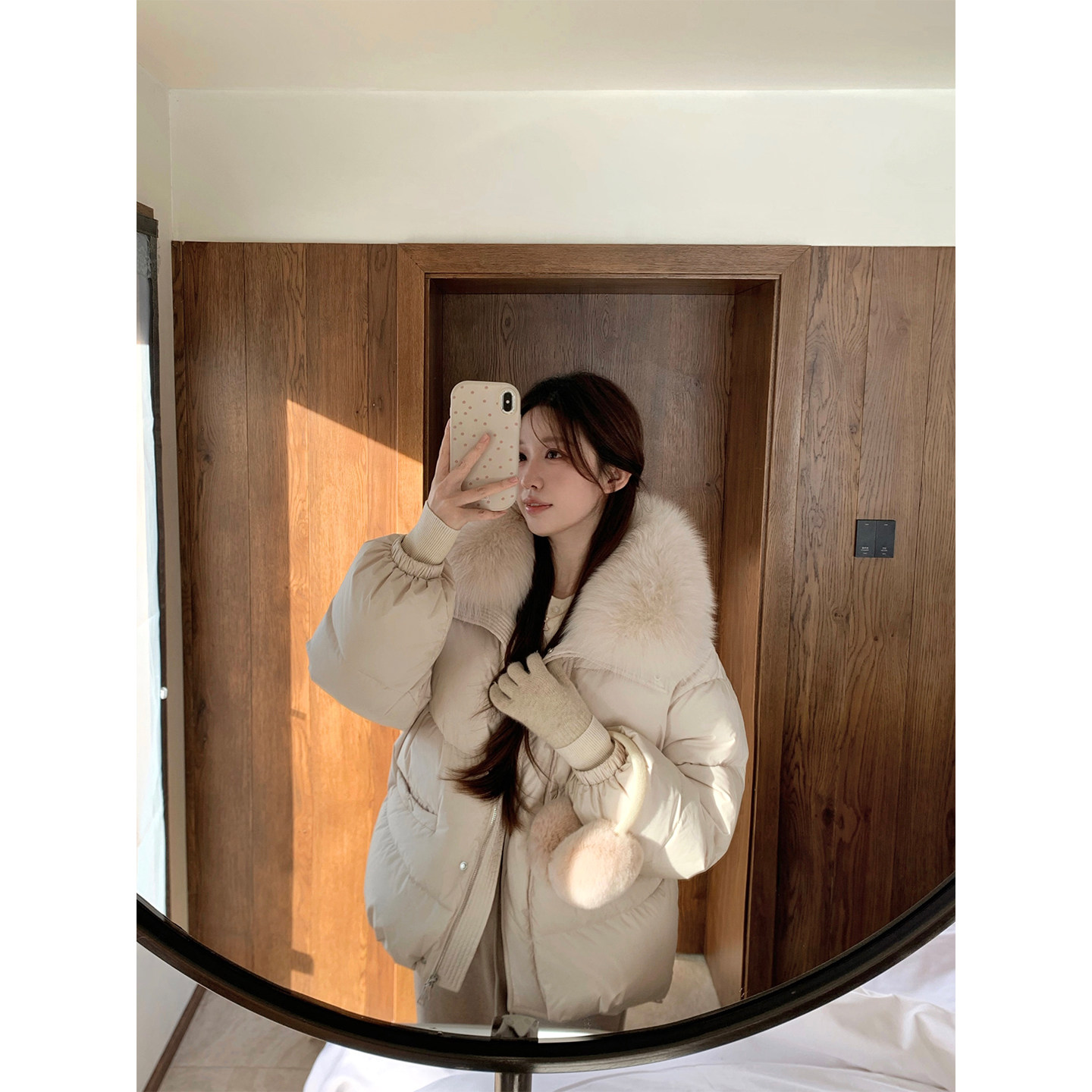 萌萌Ja 香槟米麻薯~零下20度保命白鸭绒羽绒服大狐狸毛翻领外套冬