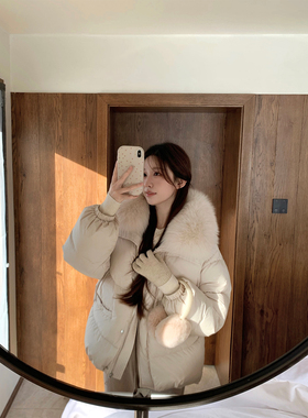 萌萌Ja 香槟米麻薯~零下20度保命白鸭绒羽绒服大狐狸毛翻领外套冬
