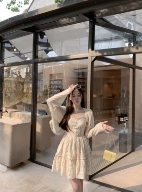 萌萌Ja」浓橘甜梦 甜美度假风碎花套装女气质吊带连衣裙/防晒开衫