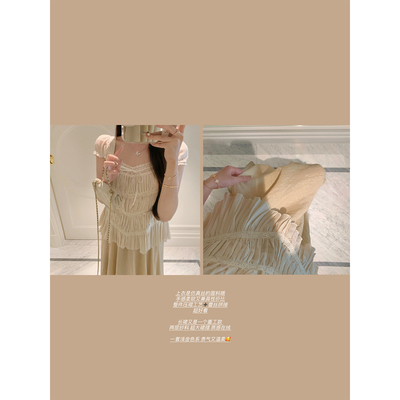 萌萌Ja蕾丝压褶泡泡袖气质上衣