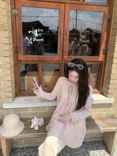 萌萌Ja 执行温柔 100%莱赛尔小众系带针织连衣裙粉色宽松长袖短裙