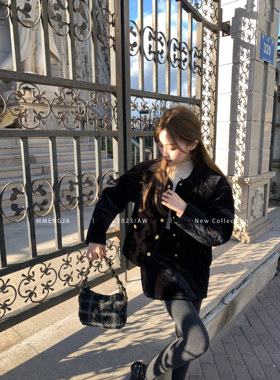 萌萌Ja」CE风高阶质感丝绒菱格金扣小香棉服外套半裙黑色套装女