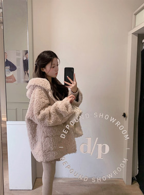 萌萌Ja 奶气可芘熊 软糯宽松甜美风连帽羊羔毛外套女休闲毛毛上衣