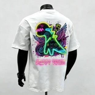 宽松嘻哈街头风白色上衣时尚 哨牙恐龙涂鸦印花短袖 T恤男女同款
