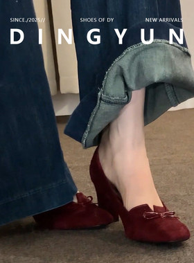 羊皮版~也及纯婚鞋红色高跟鞋6cm法式蝴蝶结单鞋小方头气质旗袍鞋