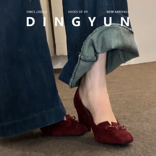 羊皮版~也及纯婚鞋红色高跟鞋6cm法式蝴蝶结单鞋小方头气质旗袍鞋