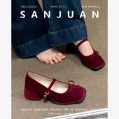 羊皮版 方头 粗跟高跟鞋 也及纯酒红色婚鞋 玛丽珍新娘订婚结婚单鞋