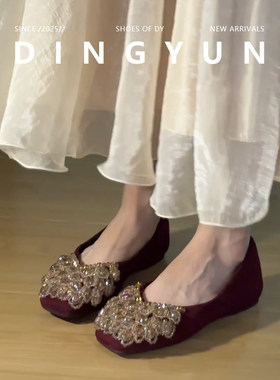 羊皮版~也及纯绝美红色婚鞋秀禾结婚新娘鞋高级感水晶水钻单鞋女