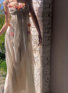 小丽XIAOLI雾里看花醋酸吊带连衣长裙春夏高端精致度假仙女纱裙子