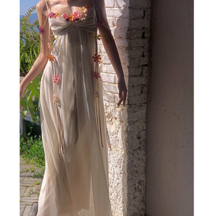 小丽XIAOLI雾里看花醋酸吊带连衣长裙春夏高端精致度假仙女纱裙子