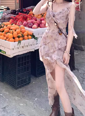 Ashy Snow 旧梦鸢尾 灰紫色不规则下摆荷叶边吊带裙中长款连衣裙