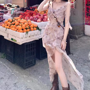 Ashy Snow 旧梦鸢尾 灰紫色不规则下摆荷叶边吊带裙中长款连衣裙