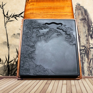 精品歙砚天然原石材黑龙潭石长方刻花山水砚婺源文房四宝书法用品