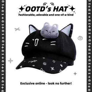 日系可爱猫耳朵贝雷帽女秋冬百搭显脸小报童帽大头围帽子八角帽冬