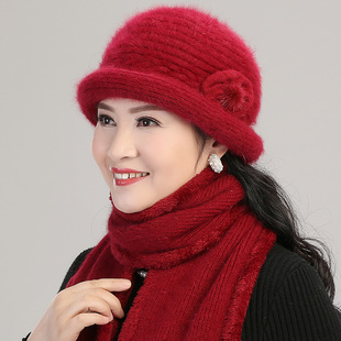 冬季老人毛线帽子女士中年妈妈兔毛帽秋冬天老太太奶奶保暖针织帽