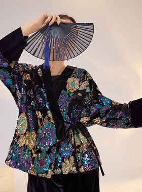 新款新中式刺绣花朵亮片重工外套国风气质五彩繁花紫色上衣 M3041