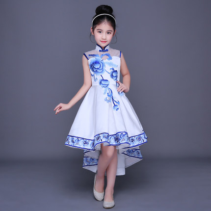 新款儿童合唱演出服比赛服女童旗袍公主裙白色纱裙舞台青花瓷礼服