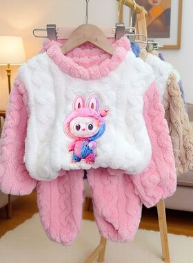 睡衣珊瑚绒秋冬款加绒加厚宝宝法兰绒卡通分体套装儿童家居服