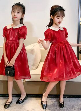 女童连衣裙夏装2022新款大中小童娃娃领纱裙小女孩暮云纱公主裙