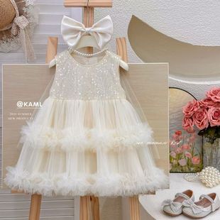 女童高级感亮片背心连衣裙夏季2025新款儿童礼服蛋糕网纱公主裙子