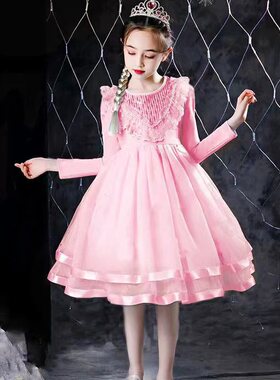 女童新款春秋款连衣裙加绒加厚中大童秋冬装洋气网纱公主裙