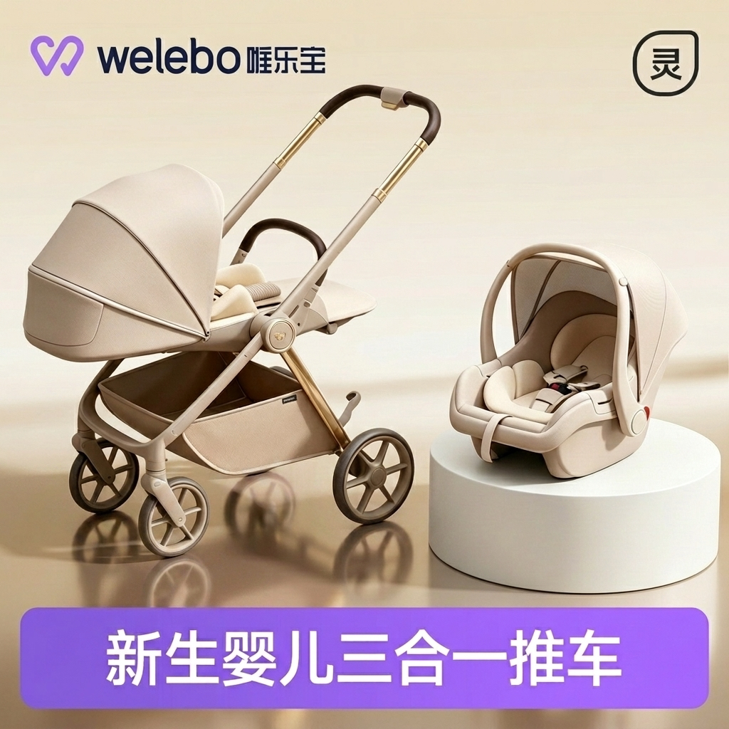 婴儿车可坐可躺0到3岁宝宝儿童手推车双向轻便折叠新生三合一睡篮