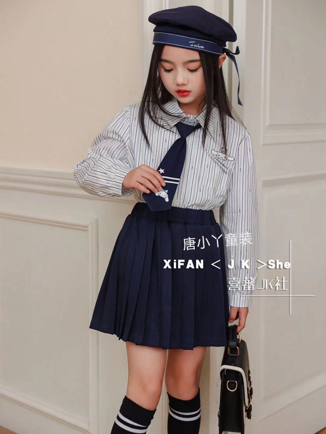 喜蕃jk社女童玉桂狗学院风套装送领带纯棉竖条纹衬衫百褶半裙大童