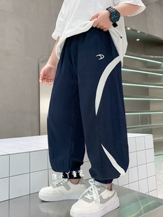 青少年速干工装裤刺绣弯月男女童束脚裤薄款防蚊休闲长裤亲子